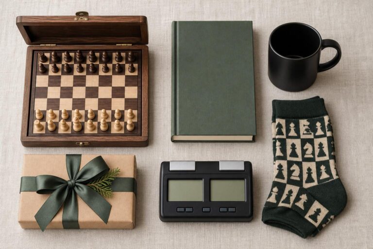 Flat Lay mit Schachgeschenken: Reiseschach, Schachbuch, Tasse, Schachuhr und verpacktes Geschenk