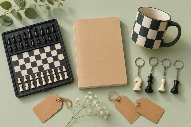 Kleine Schachgeschenke: magnetisches Reiseschach, Buch, karierte Tasse und Schlüsselanhänger